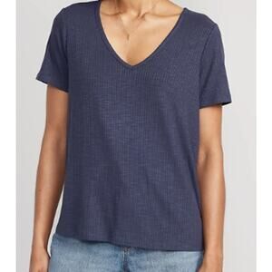 Old Navy Womens Large Blue Ribbed Luxe Slub Knit TShirt Top Short Sleeve NEW